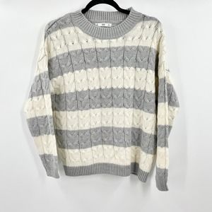 Mango MNG Cream Gray Striped Pullover Chunky Cable Knit Sweater Size Small